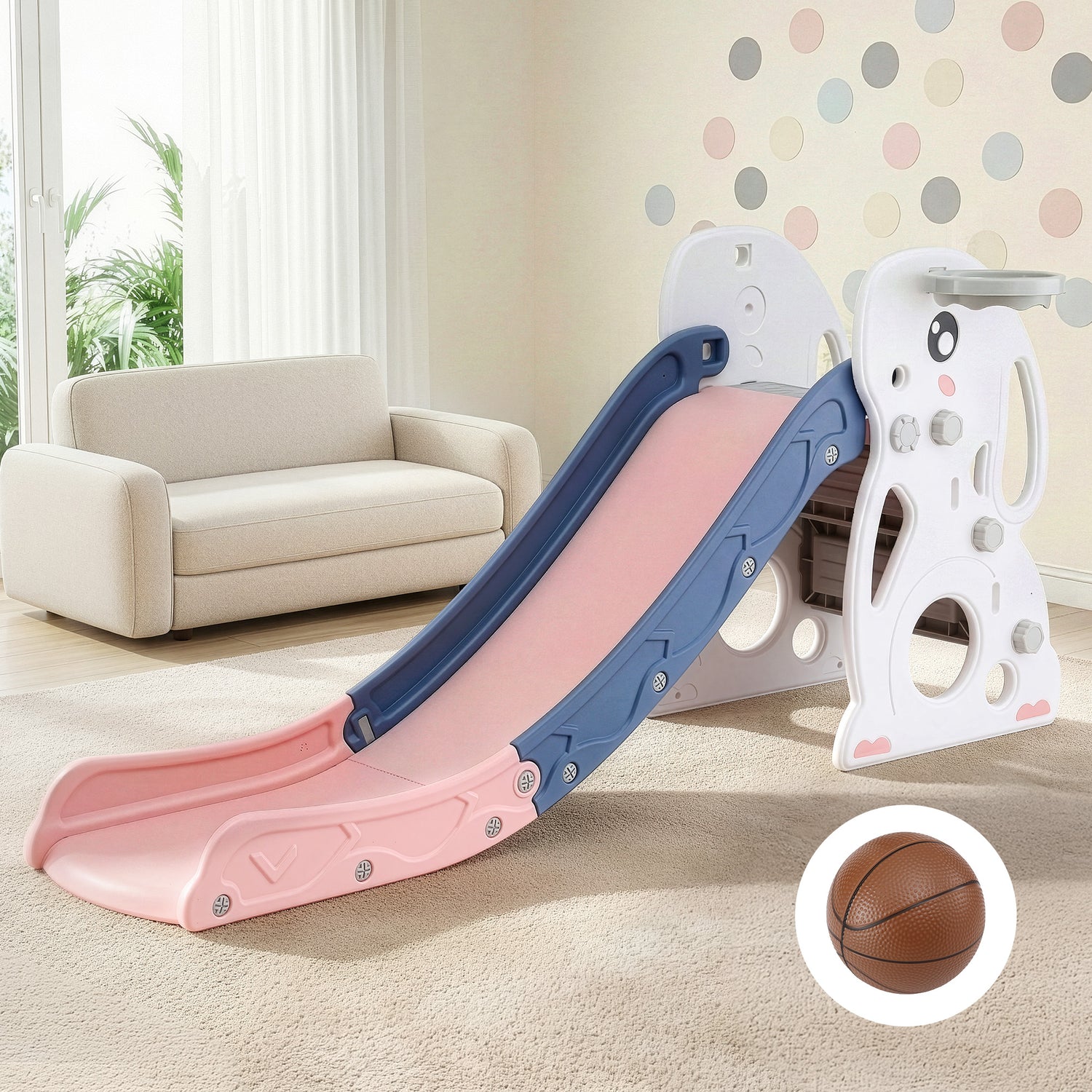 Keezi Kids Slide Set Basketball Hoop Ring Outdoor Playground Toy Rabbit 147cm-Baby &amp; Kids > Baby &amp; Kid&