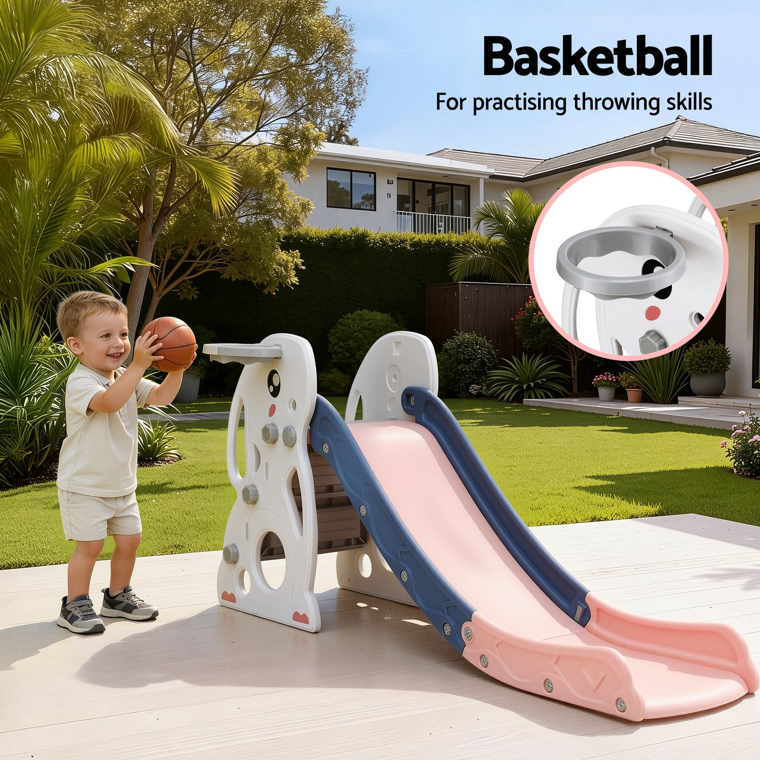Keezi Kids Slide Set Basketball Hoop Ring Outdoor Playground Toy Rabbit 147cm-Baby &amp; Kids > Baby &amp; Kid&