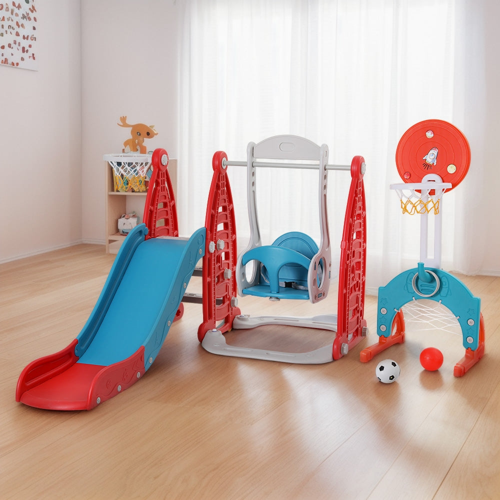Keezi Kids Slide Swing Set Basketball Hoop Rings Football Outdoor Toys 140cm Red-Baby &amp; Kids &gt; Baby &amp; Kid&