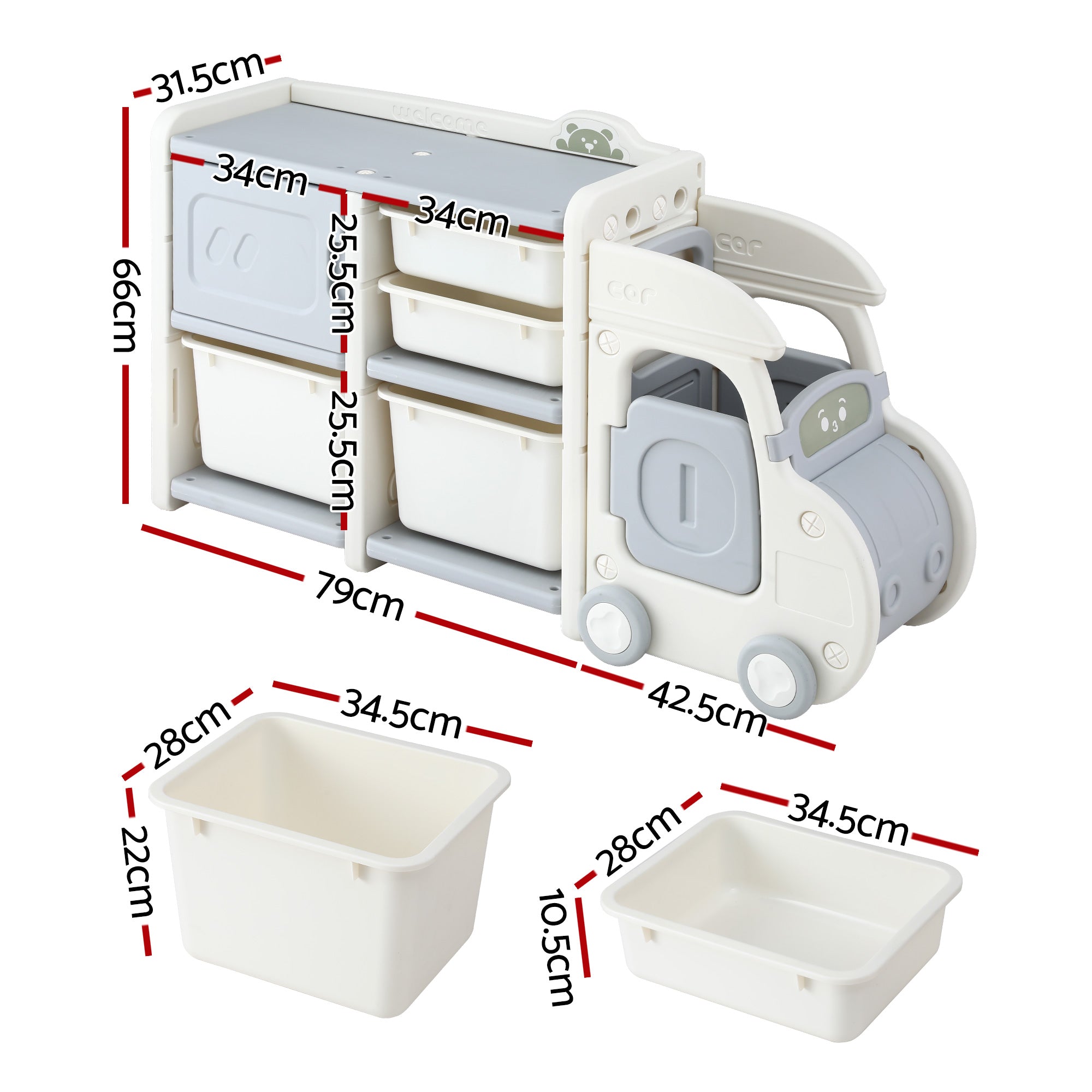 Keezi Toy Storage Organizer with 4 Storage Bins and Cabinet, Bookcase Kids Toys Box, Toy Storage for Kids Room, Playroom, Bedroom, Nursery, Car Shaped-Baby &amp; Kids > Kid&