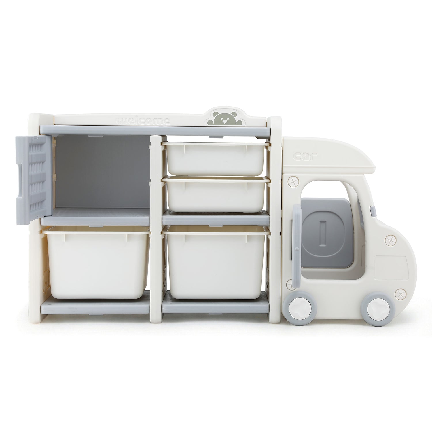 Keezi Toy Storage Organizer with 4 Storage Bins and Cabinet, Bookcase Kids Toys Box, Toy Storage for Kids Room, Playroom, Bedroom, Nursery, Car Shaped-Baby &amp; Kids > Kid&