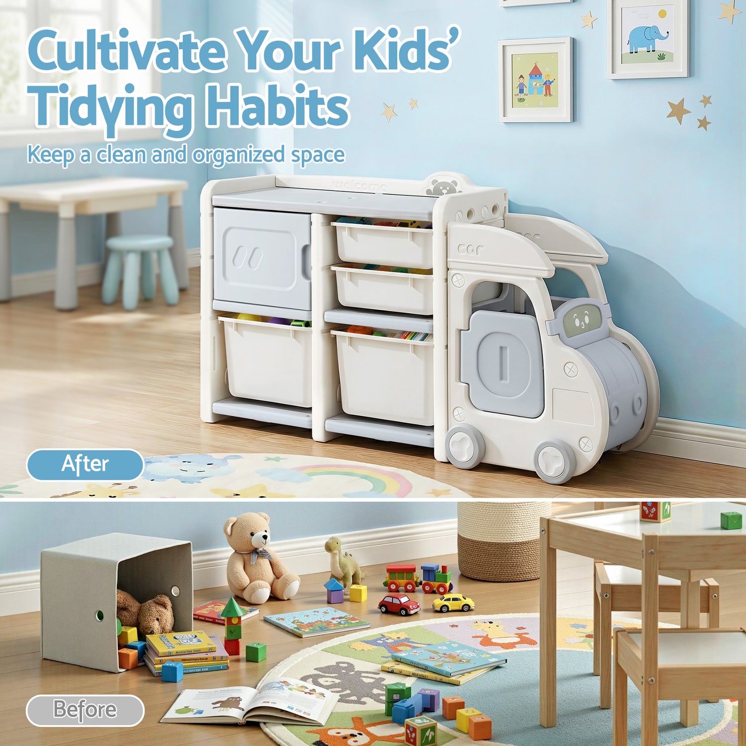 Keezi Toy Storage Organizer with 4 Storage Bins and Cabinet, Bookcase Kids Toys Box, Toy Storage for Kids Room, Playroom, Bedroom, Nursery, Car Shaped-Baby &amp; Kids > Kid&