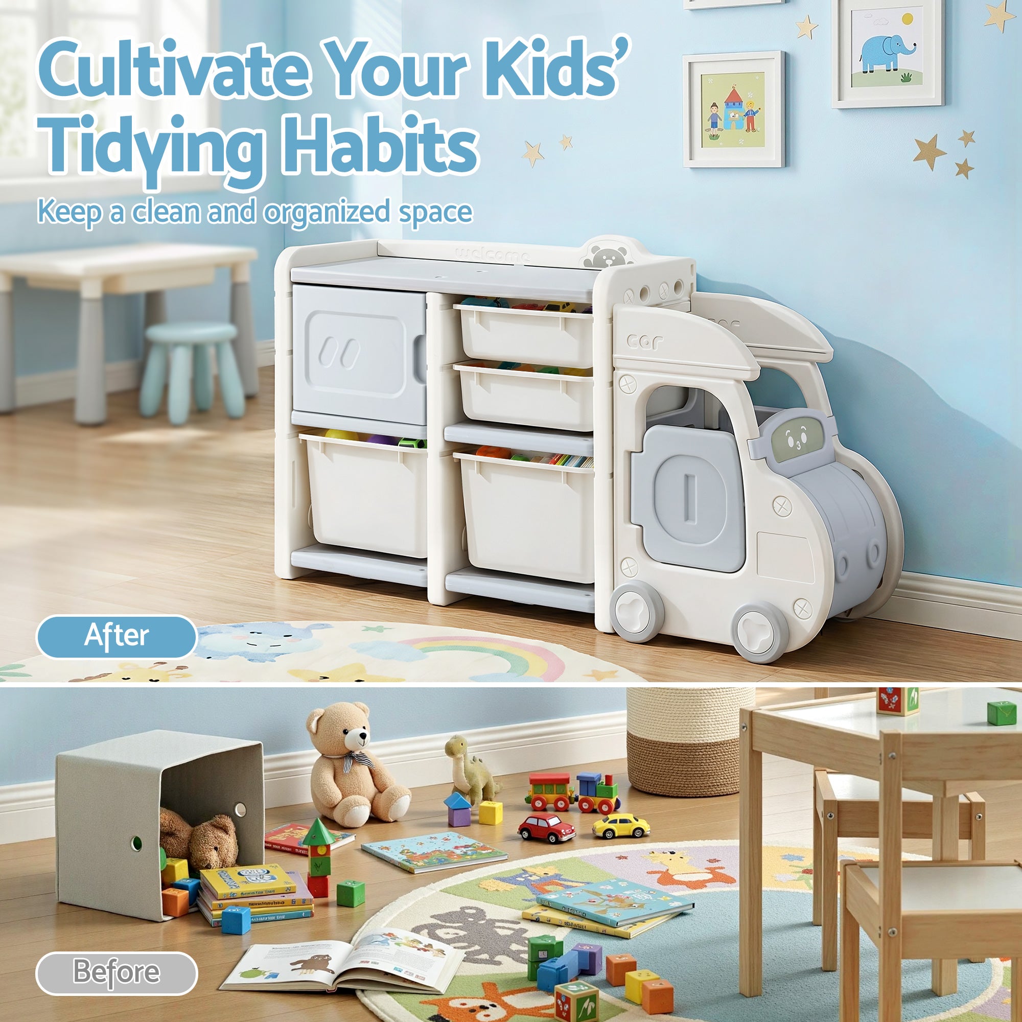 Keezi Toy Storage Organizer with 4 Storage Bins and Cabinet, Bookcase Kids Toys Box, Toy Storage for Kids Room, Playroom, Bedroom, Nursery, Car Shaped-Baby &amp; Kids > Kid&