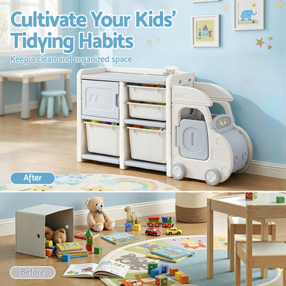 Keezi Toy Storage Organizer with 4 Storage Bins and Cabinet, Bookcase Kids Toys Box, Toy Storage for Kids Room, Playroom, Bedroom, Nursery, Car Shaped-Baby &amp; Kids > Kid&