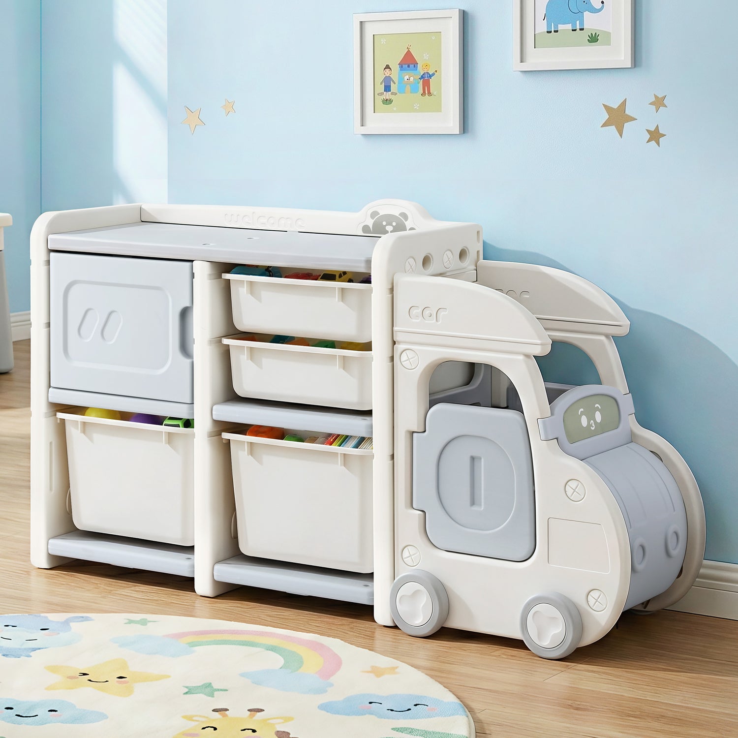 Keezi Toy Storage Organizer with 4 Storage Bins and Cabinet, Bookcase Kids Toys Box, Toy Storage for Kids Room, Playroom, Bedroom, Nursery, Car Shaped-Baby &amp; Kids > Kid&