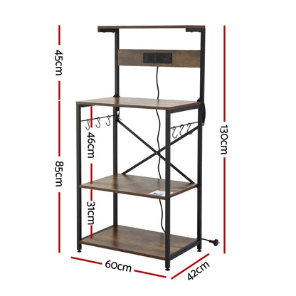 Artiss 4-Tier Kitchen Rack with 2 Power Outlets 6 Hooks Microwave Storage Shelf