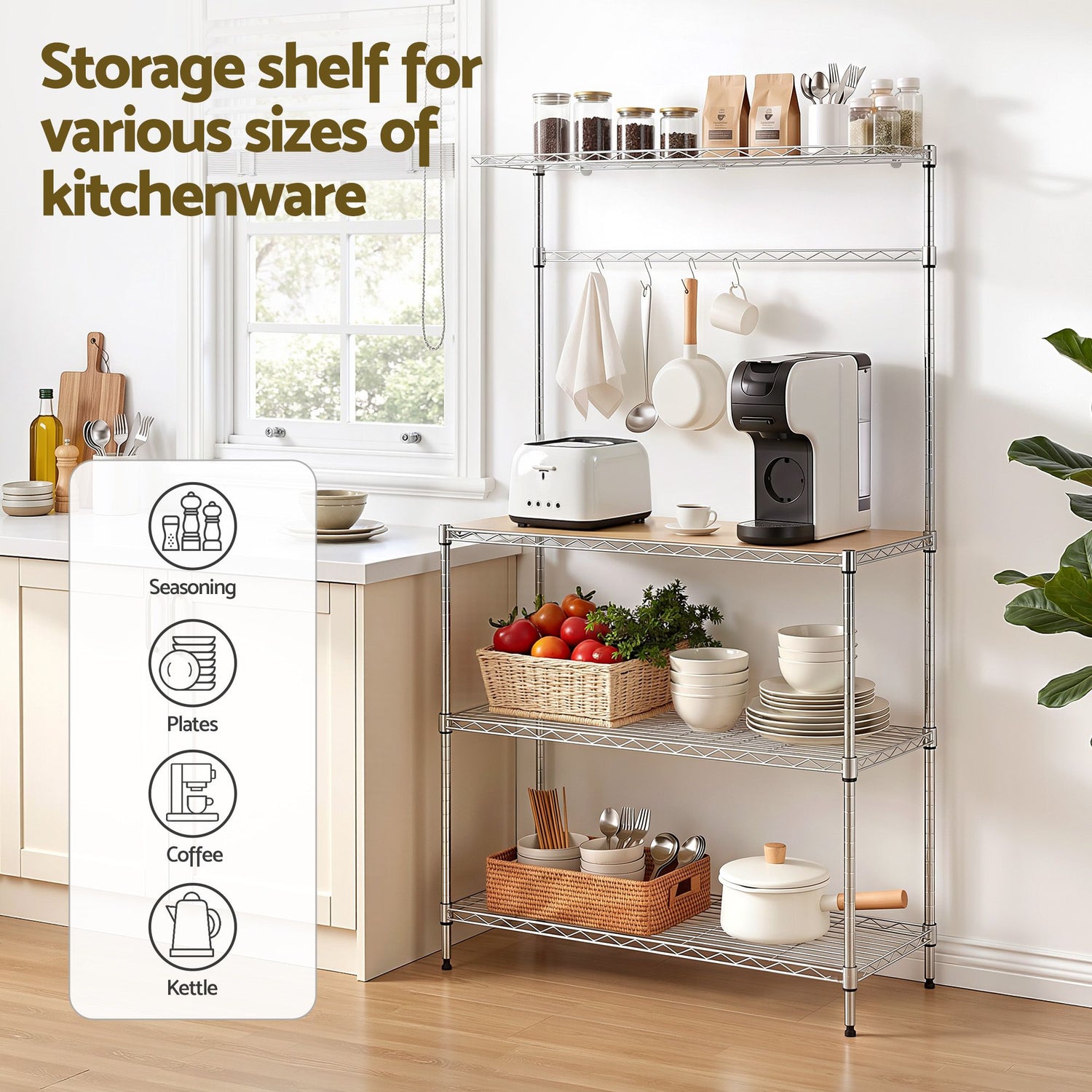 Artiss 4-Tier Metal Kitchen Rack Shelf Silver Storage Shelves Organizer Microwave Stand 90cmx151cm