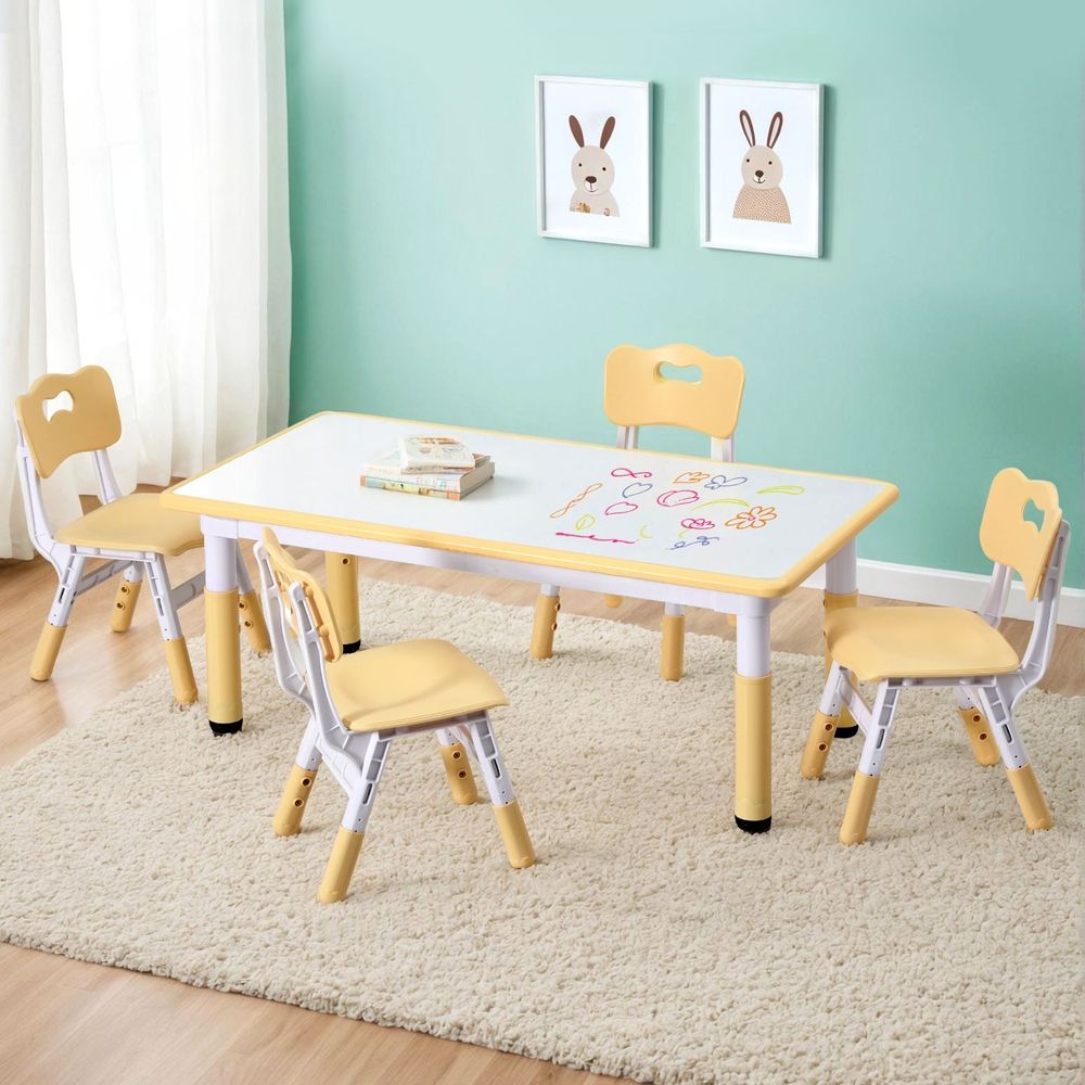 Keezi Kids Table and 4 Chairs Set Height Adjustable Toddler Desk and Chair Set for Ages 3-8, Children Activity Table with Graffiti Desktop for Learning Drawing Playing, Yellow-Baby &amp; Kids > Kid&