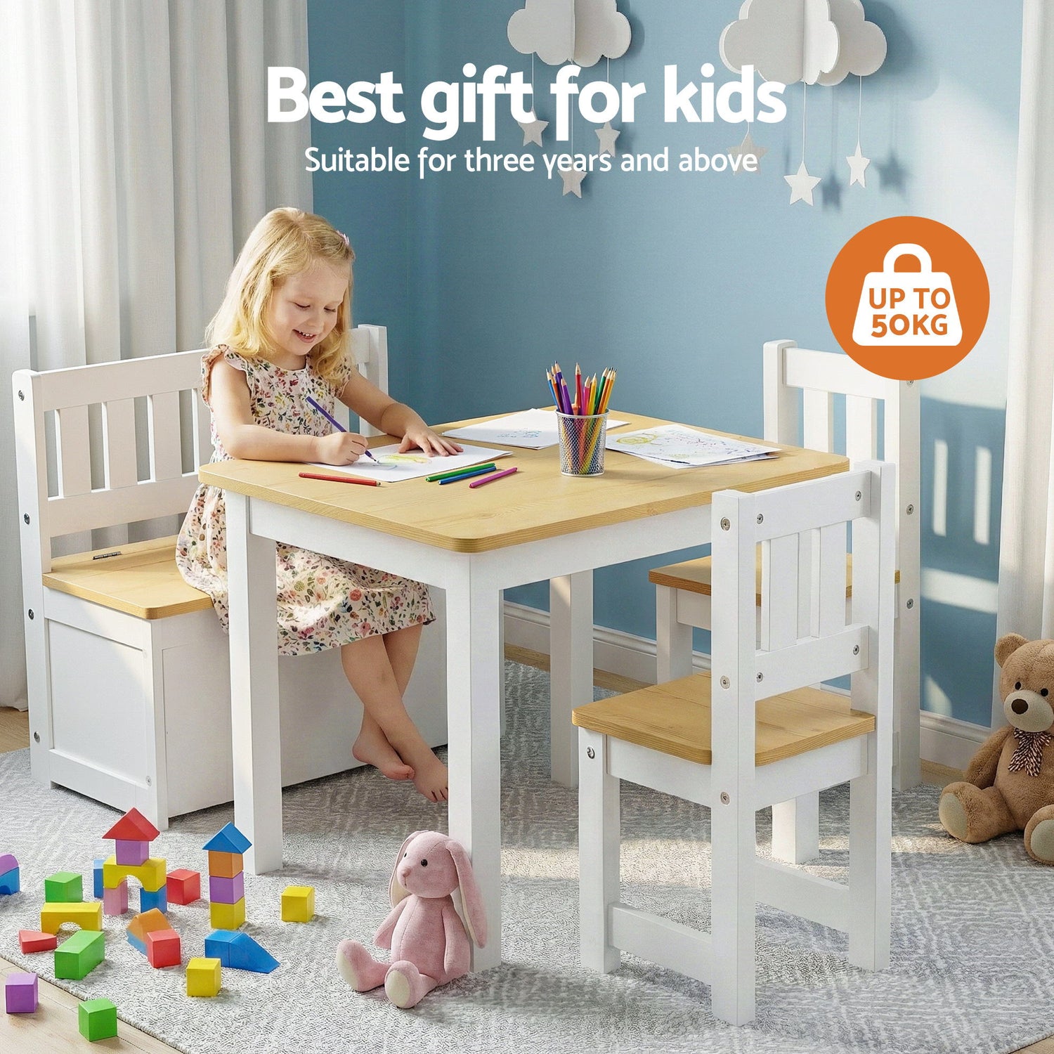 Keezi 2 in 1 Kids Table and Chair Set, Activity Table with Storage Bench and 2 Chairs for Reading, Drawing, Writing, Snack Time &amp; Arts Crafts, 4 PCS Toddler Table and Chair Set, Natural-Baby &amp; Kids > Kid&