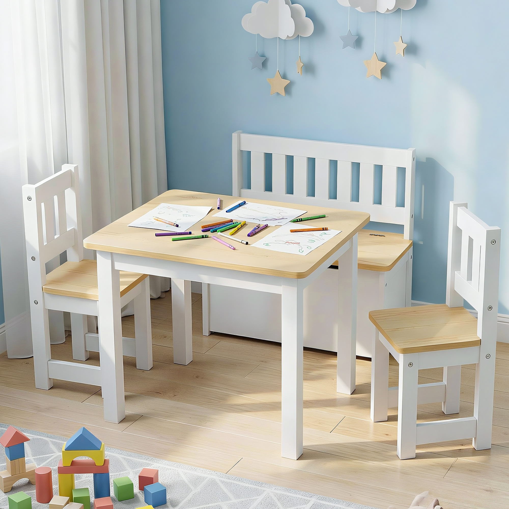 Keezi 2 in 1 Kids Table and Chair Set, Activity Table with Storage Bench and 2 Chairs for Reading, Drawing, Writing, Snack Time &amp; Arts Crafts, 4 PCS Toddler Table and Chair Set, Natural-Baby &amp; Kids > Kid&