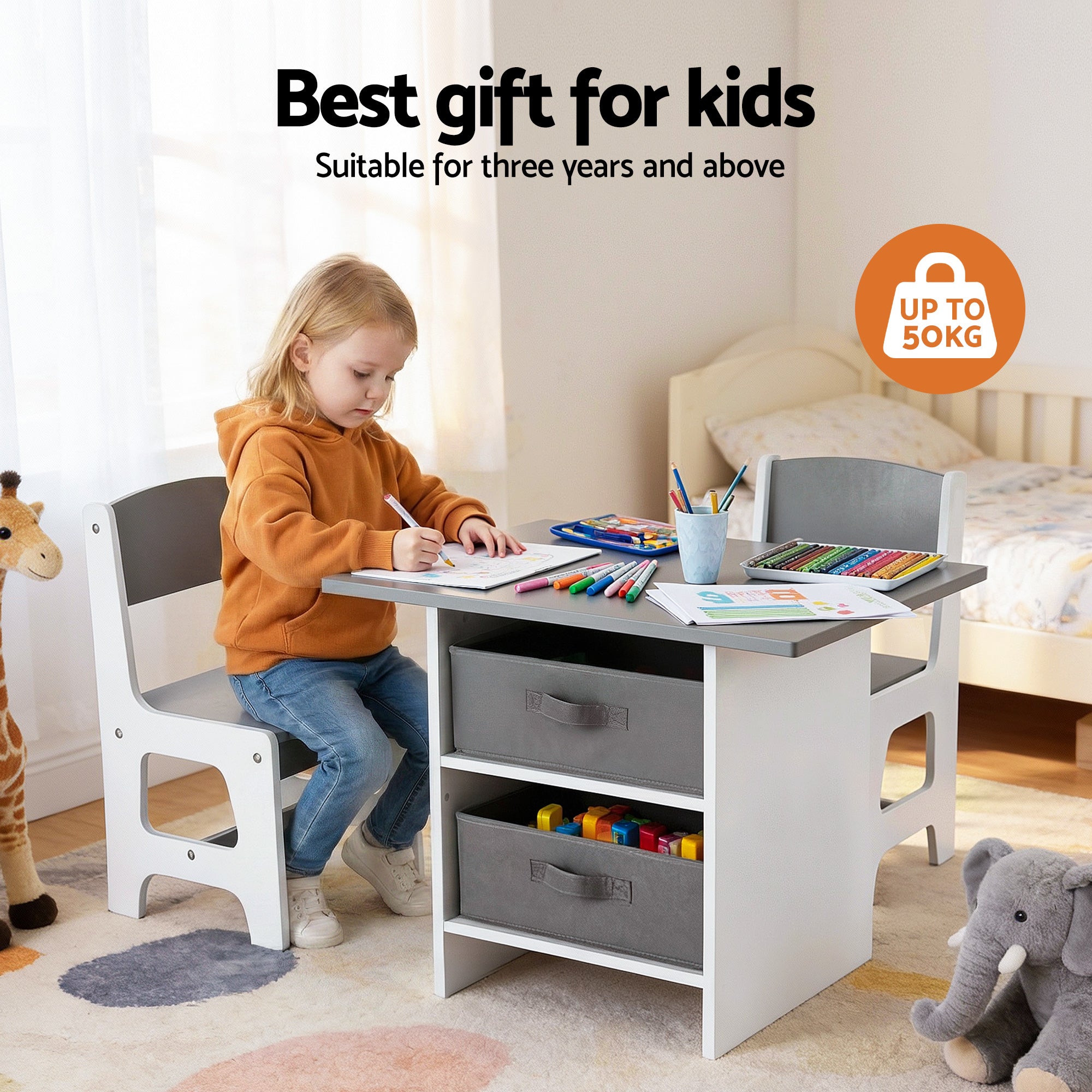 Keezi Kids Table and 2 Chairs Set Wooden Activity Table wit 2 Storage Drawers, Toddler Table and Chair Set for Children Drawing, Reading, Crafts, Eating, Grey-Baby &amp; Kids > Kid&