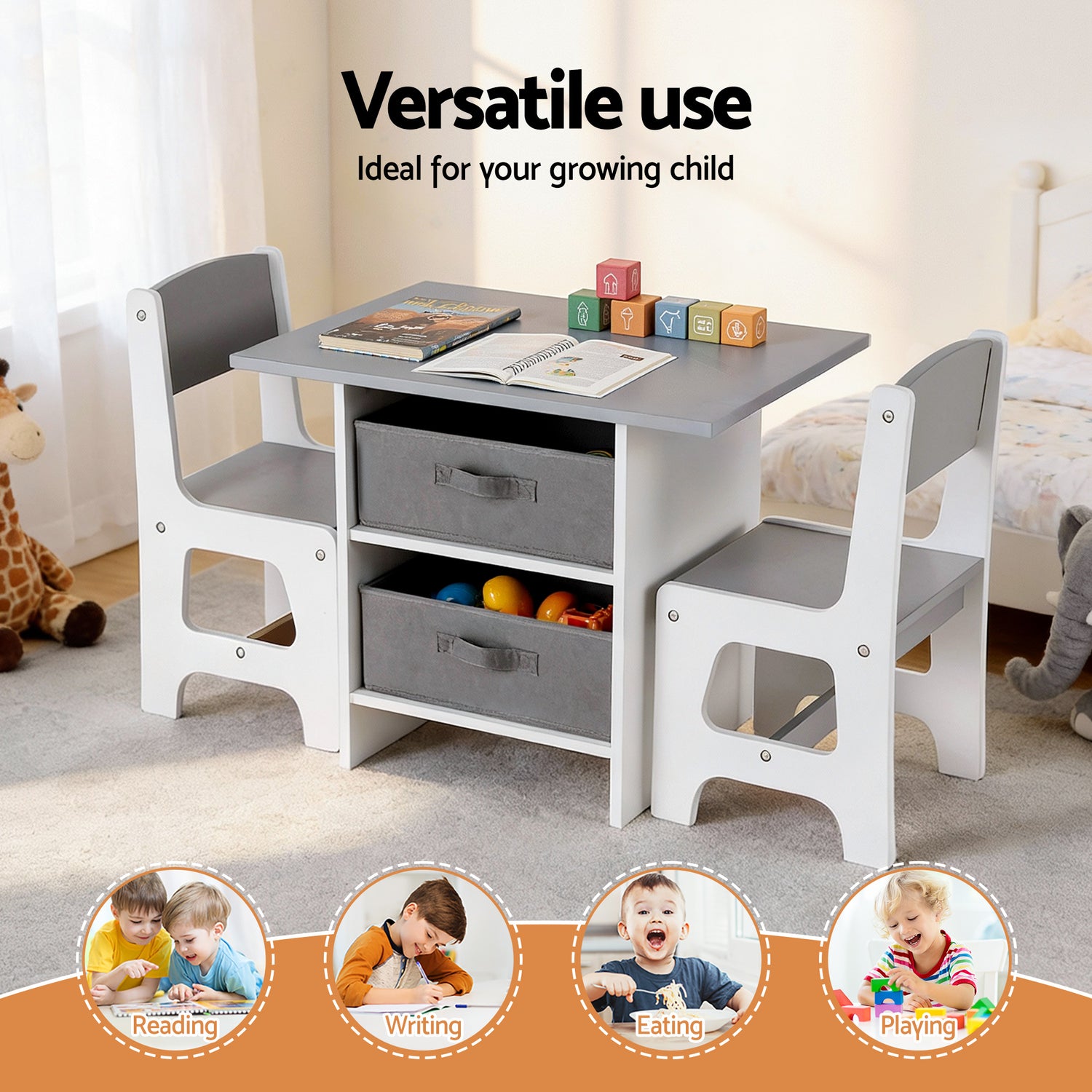 Keezi Kids Table and 2 Chairs Set Wooden Activity Table wit 2 Storage Drawers, Toddler Table and Chair Set for Children Drawing, Reading, Crafts, Eating, Grey-Baby &amp; Kids > Kid&