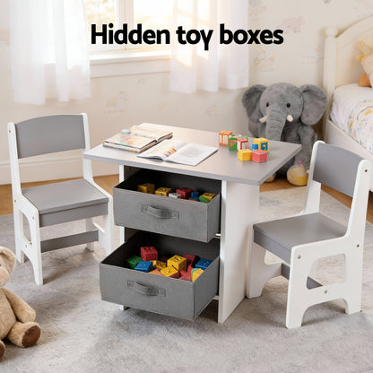 Keezi Kids Table and 2 Chairs Set Wooden Activity Table wit 2 Storage Drawers, Toddler Table and Chair Set for Children Drawing, Reading, Crafts, Eating, Grey-Baby &amp; Kids > Kid&