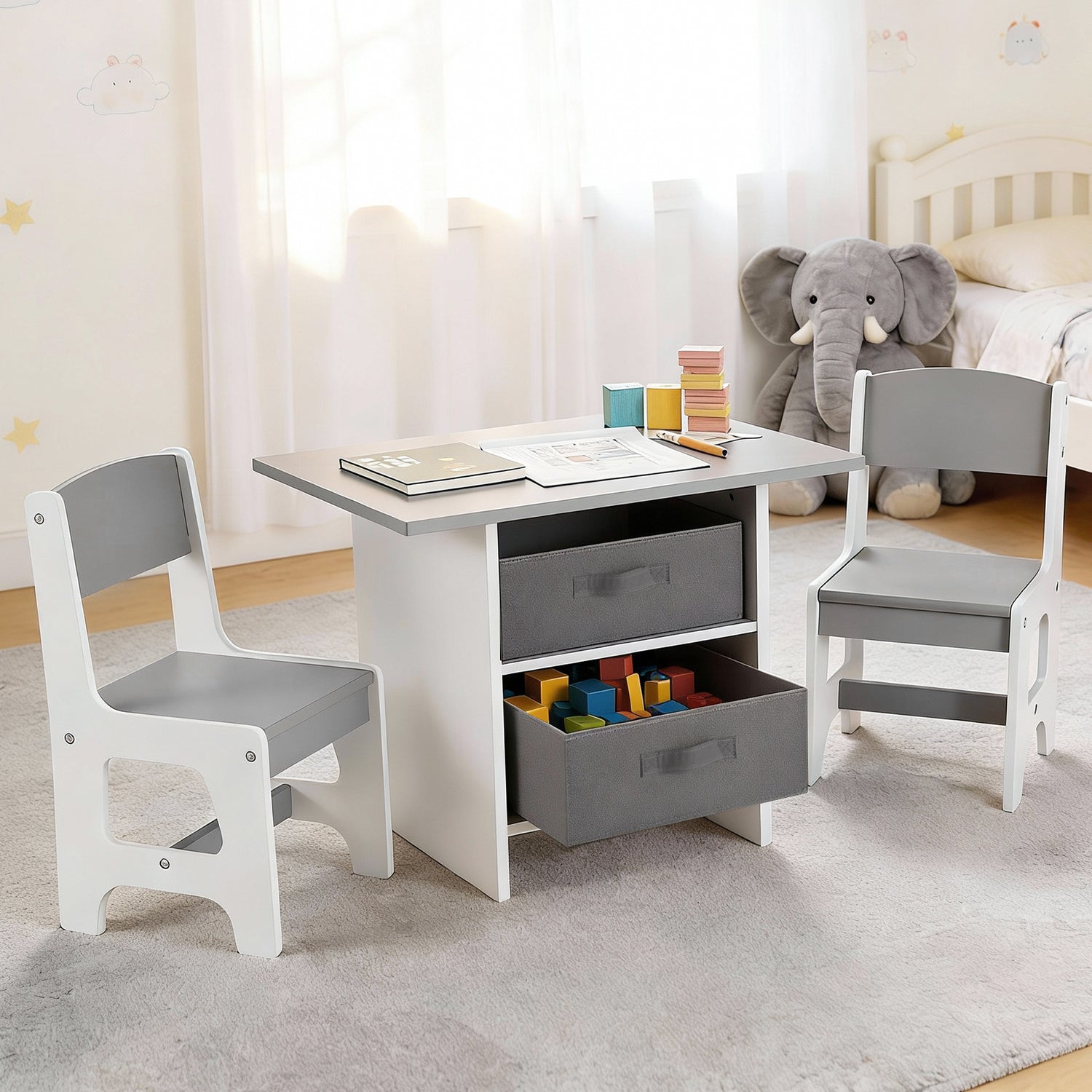 Keezi Kids Table and 2 Chairs Set Wooden Activity Table wit 2 Storage Drawers, Toddler Table and Chair Set for Children Drawing, Reading, Crafts, Eating, Grey-Baby &amp; Kids > Kid&