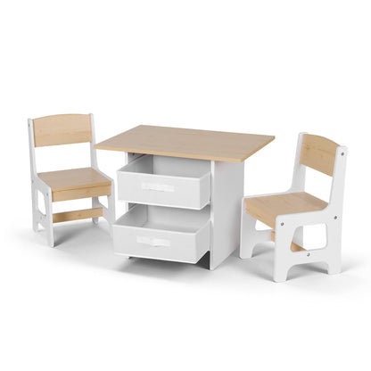 Keezi Kids Table and 2 Chairs Set Wooden Activity Table wit 2 Storage Drawers, Toddler Table and Chair Set for Children Drawing, Reading, Crafts, Eating, Natural-Baby &amp; Kids > Kid&