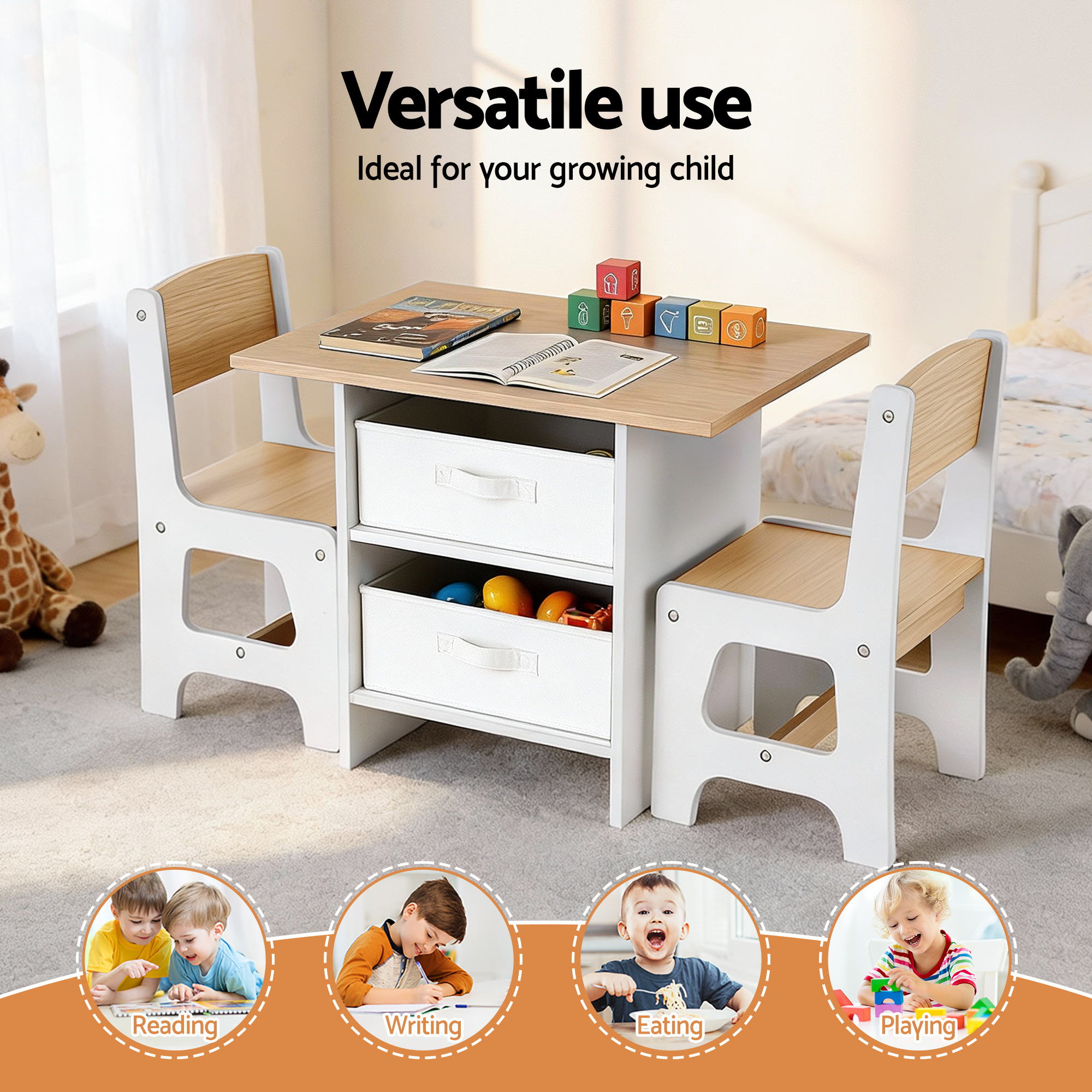 Keezi Kids Table and 2 Chairs Set Wooden Activity Table wit 2 Storage Drawers, Toddler Table and Chair Set for Children Drawing, Reading, Crafts, Eating, Natural-Baby &amp; Kids > Kid&