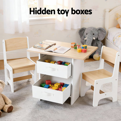 Keezi Kids Table and 2 Chairs Set Wooden Activity Table wit 2 Storage Drawers, Toddler Table and Chair Set for Children Drawing, Reading, Crafts, Eating, Natural-Baby &amp; Kids > Kid&