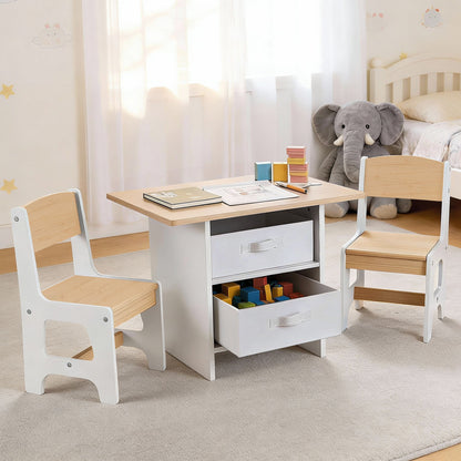Keezi Kids Table and 2 Chairs Set Wooden Activity Table wit 2 Storage Drawers, Toddler Table and Chair Set for Children Drawing, Reading, Crafts, Eating, Natural-Baby &amp; Kids > Kid&