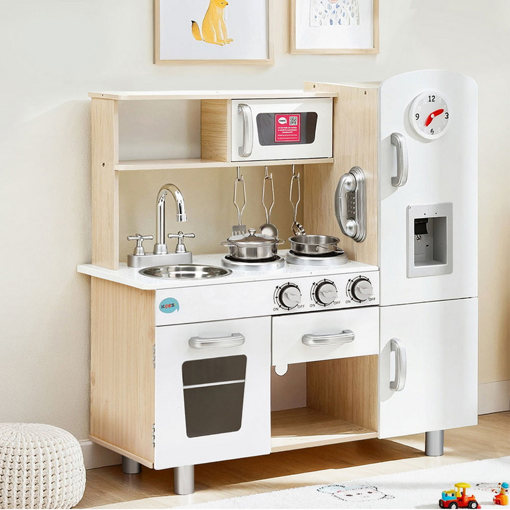 Keezi Kids Kitchen Play Set Wooden Pretend Toys Cooking Children Clock Beige-Baby &amp; Kids > Baby &amp; Kid&