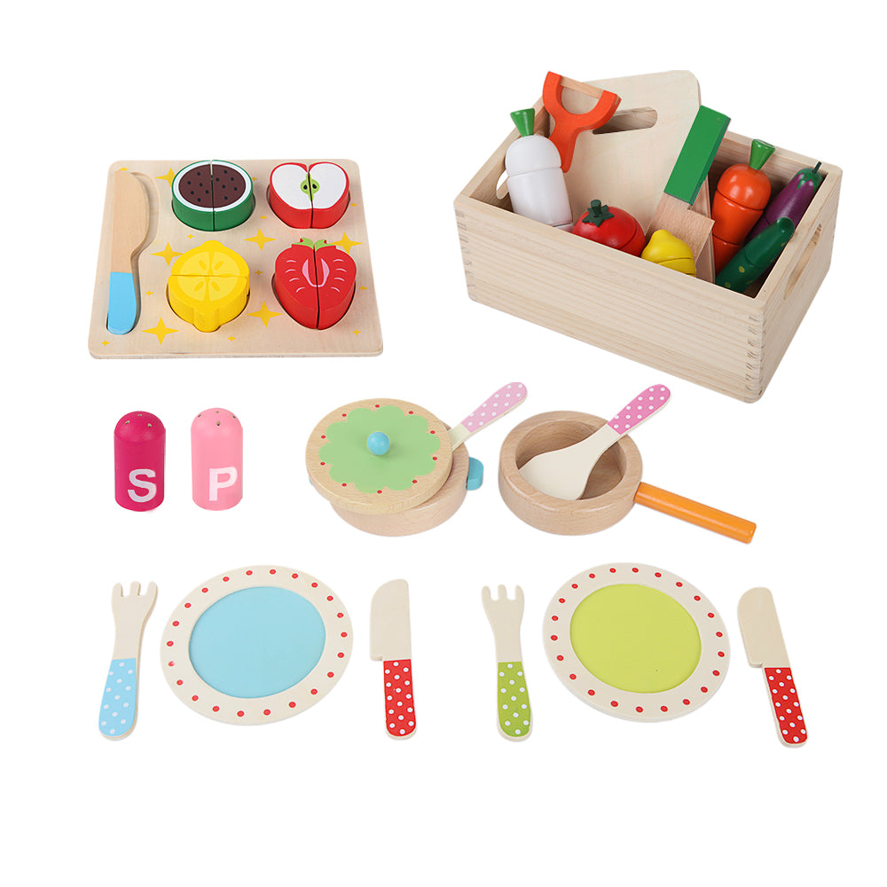 Keezi Kids Kitchen Play Set Wooden Pretend Toys Cooking Utensils Pots Pans Food-Baby &amp; Kids > Baby &amp; Kid&