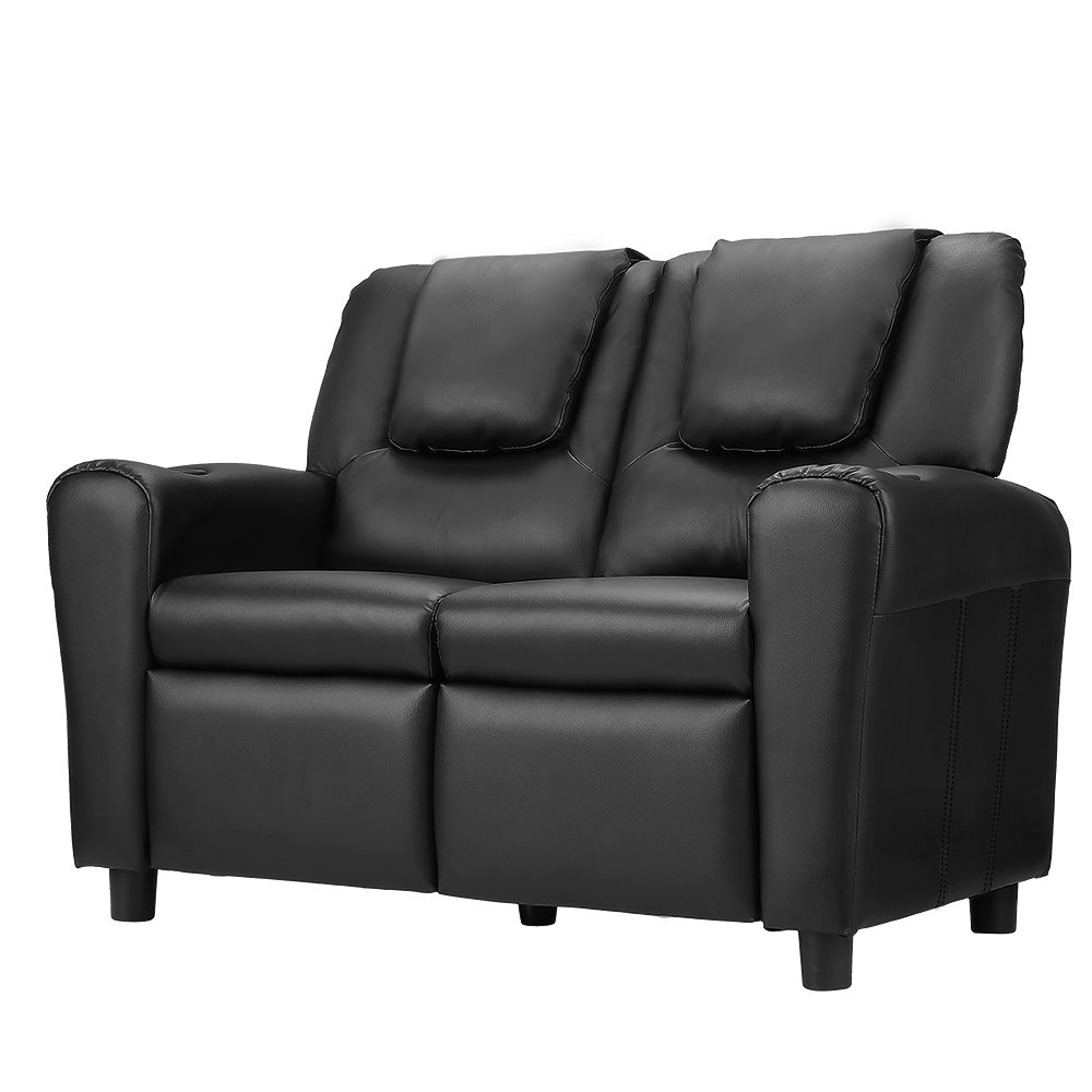 Keezi Kids Recliner Chair Double PU Leather Sofa Lounge Couch Armchair Black-Furniture > Office > Office &amp; Desk Chairs-PEROZ Accessories