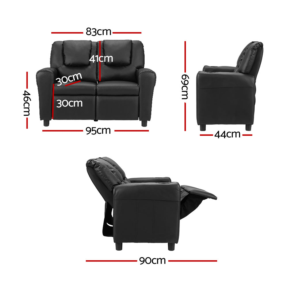 Keezi Kids Recliner Chair Double PU Leather Sofa Lounge Couch Armchair Black-Furniture > Office > Office &amp; Desk Chairs-PEROZ Accessories
