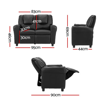 Keezi Kids Recliner Chair Double PU Leather Sofa Lounge Couch Armchair Black-Furniture > Office > Office &amp; Desk Chairs-PEROZ Accessories