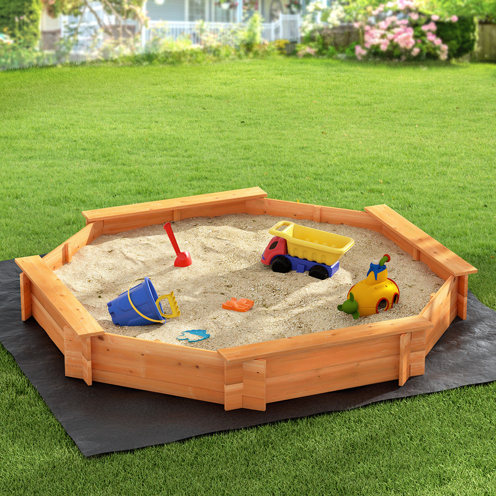 Keezi Kids Sandpit Wooden Round Sand Pit with Cover Bench Seat Beach Toys 182cm-Baby &amp; Kids > Baby &amp; Kid&