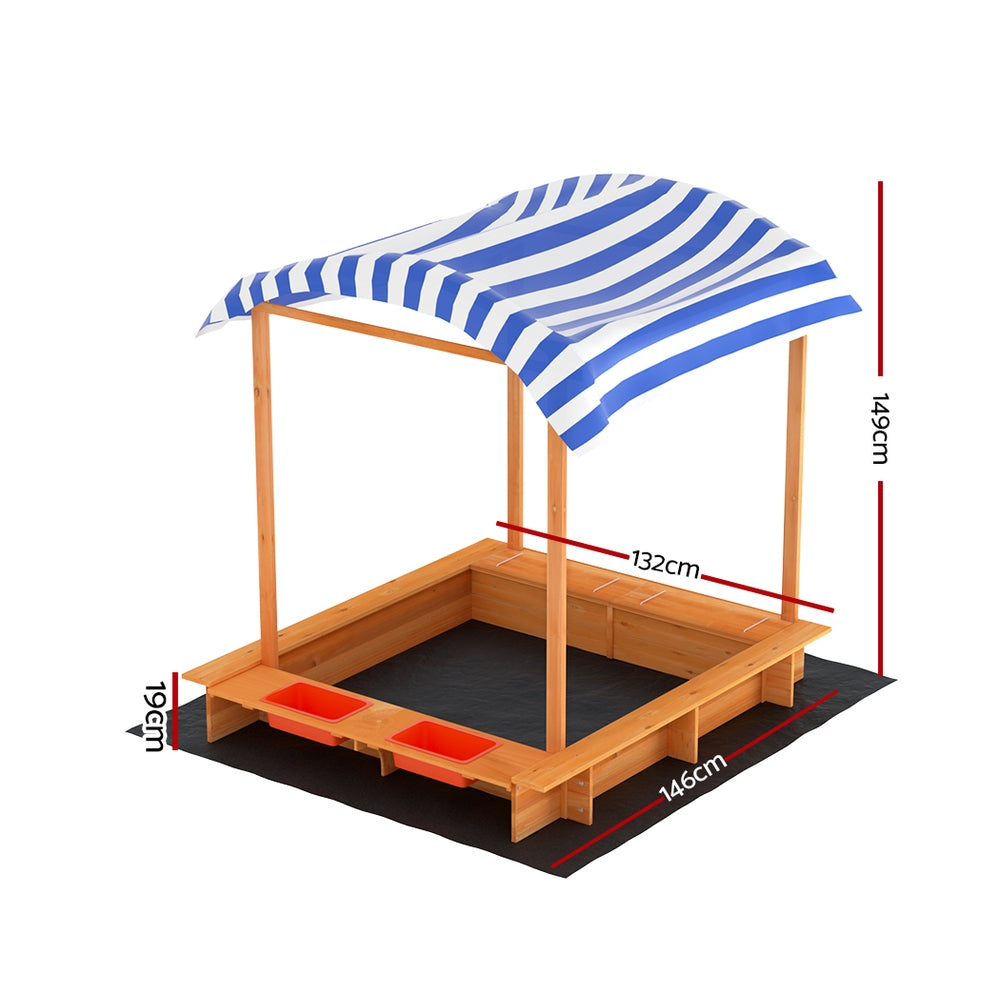 Keezi Kids Sandpit Wooden Sandbox Sand Pit with Canopy Water Basin Toys 146cm-Baby &amp; Kids &gt; Baby &amp; Kid&
