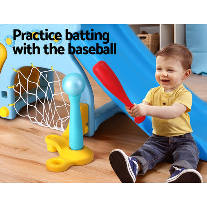 Keezi Kids Slide Set Baseball Bat Basketball Hoop Outdoor Playground 120cm Blue-Baby &amp; Kids > Baby &amp; Kid&