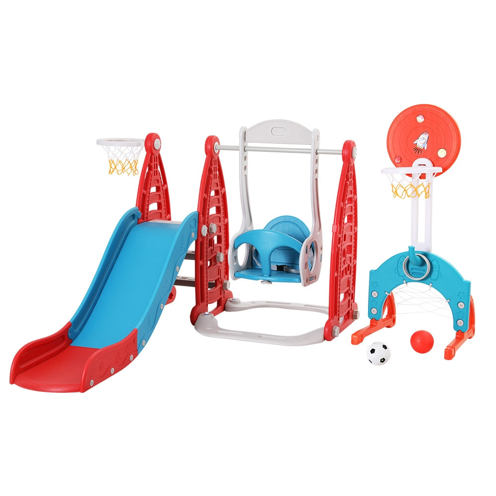 Keezi Kids Slide Swing Set Basketball Hoop Rings Football Outdoor Toys 140cm Red-Baby &amp; Kids &gt; Baby &amp; Kid&