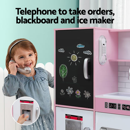 Keezi Kids Wooden Pretend Kitchen Play Set Cooking Toys Pot Ice Cup Oven Blackboard 80CM Pink-Baby &amp; Kids > Baby &amp; Kid&