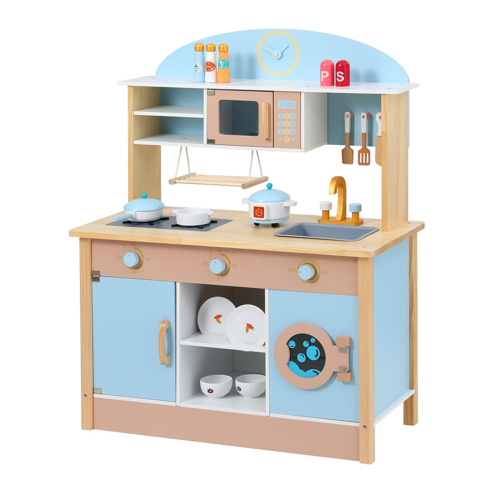Keezi Kids Wooden Pretend Kitchen Play Sets Cooking Toys Pot Pan Bowls Oven Dishwasher 80CM Blue-Baby &amp; Kids &gt; Baby &amp; Kid&