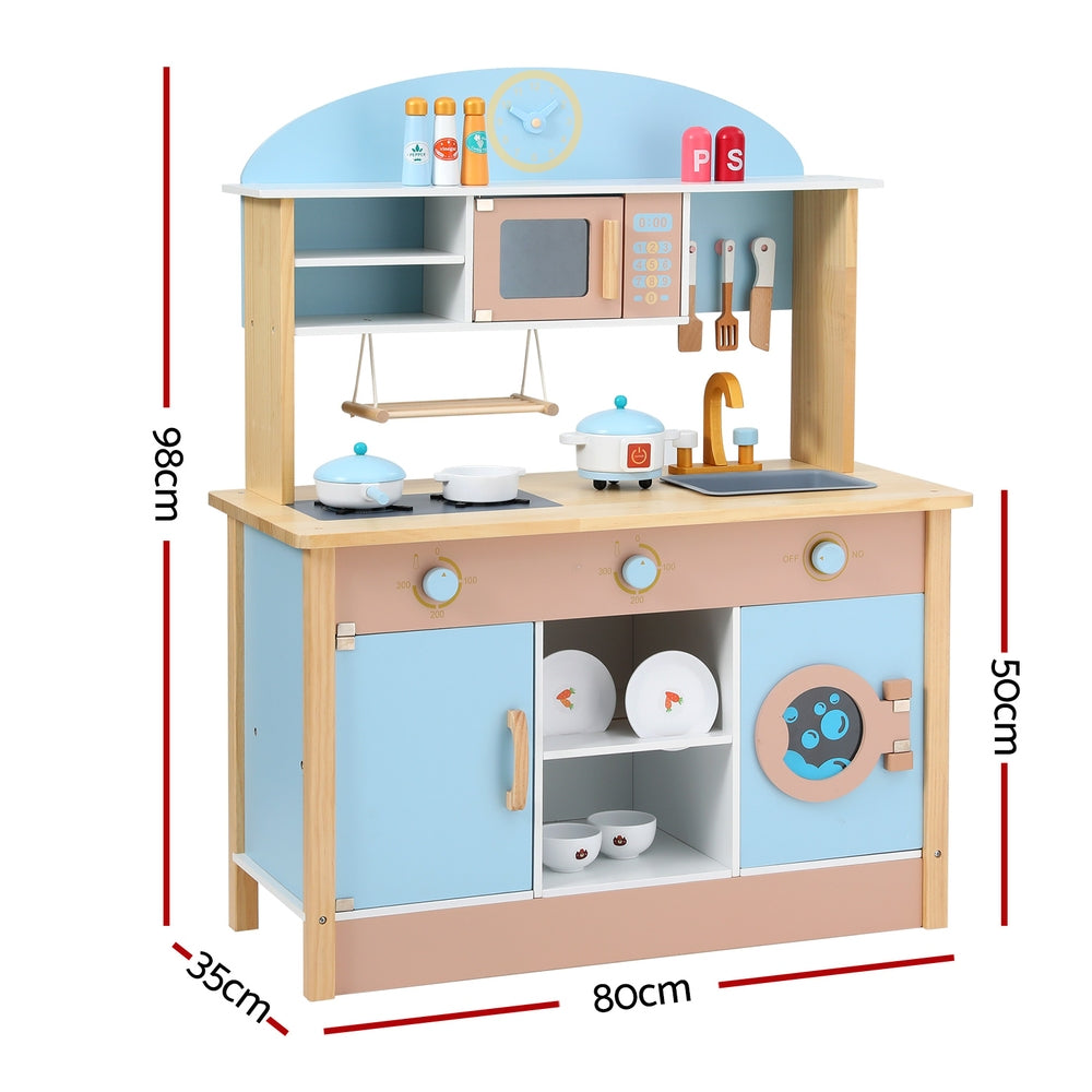 Keezi Kids Wooden Pretend Kitchen Play Sets Cooking Toys Pot Pan Bowls Oven Dishwasher 80CM Blue-Baby &amp; Kids &gt; Baby &amp; Kid&