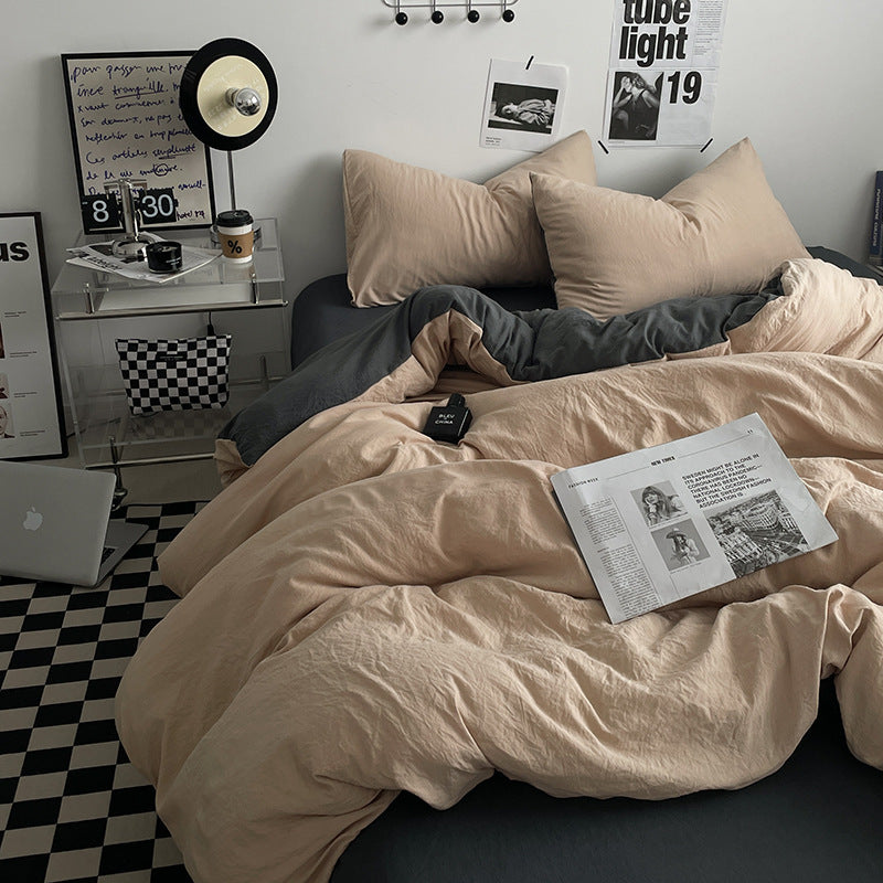 Khaki-darkgrey 1.5m Bed Fitted Sheet Set with 200x230cm Duvet Cover - 4-Piece Bedding Set-Home &amp; Garden > Bedding > Bed Sheets-PEROZ Accessories