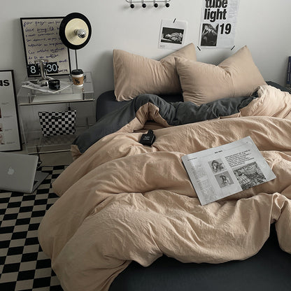 Khaki-darkgrey 1.5m Bed Fitted Sheet Set with 200x230cm Duvet Cover - 4-Piece Bedding Set-Home &amp; Garden > Bedding > Bed Sheets-PEROZ Accessories