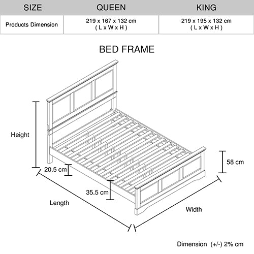 King Bed Frame in Solid Wood with Slats Support in Grey colour-Furniture &gt; Bedroom &gt; Beds &amp; Bed Frames-PEROZ Accessories