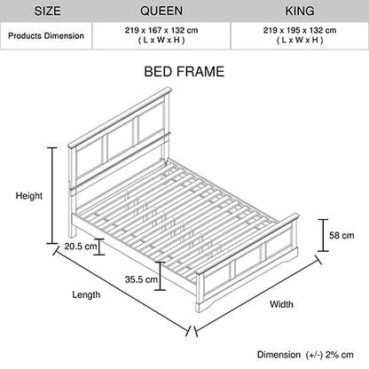 King Bed Frame in Solid Wood with Slats Support in Grey colour-Furniture &gt; Bedroom &gt; Beds &amp; Bed Frames-PEROZ Accessories