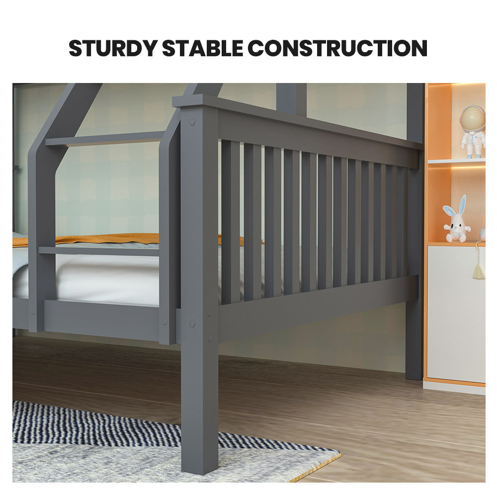 Kingston Slumber Bunk Bed Triple Wooden Single Over Double Beds for Kids, Solid Pine Wood, Convertible Design, Grey-Furniture > Bedroom > Beds &amp; Bed Frames-PEROZ Accessories