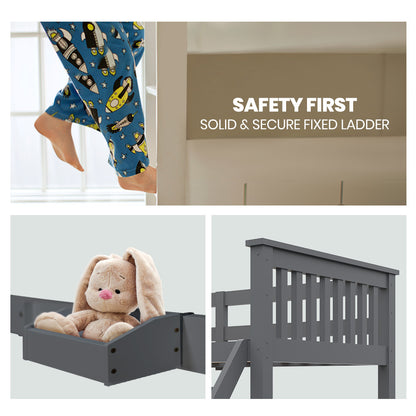 Kingston Slumber Bunk Bed Triple Wooden Single Over Double Beds for Kids, Solid Pine Wood, Convertible Design, Grey-Furniture > Bedroom > Beds &amp; Bed Frames-PEROZ Accessories