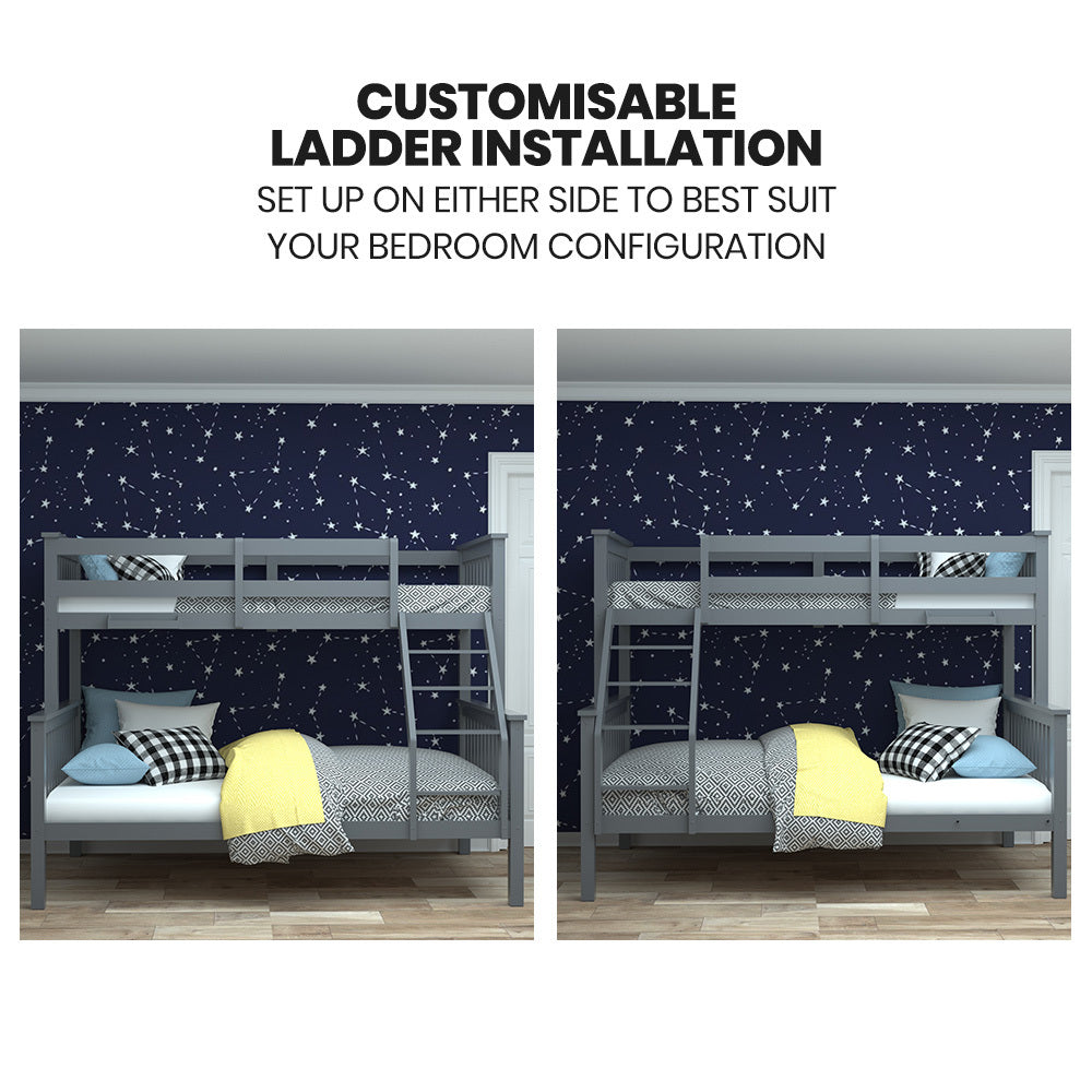 Kingston Slumber Bunk Bed Triple Wooden Single Over Double Beds for Kids, Solid Pine Wood, Convertible Design, Grey-Furniture > Bedroom > Beds &amp; Bed Frames-PEROZ Accessories