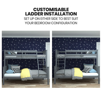 Kingston Slumber Bunk Bed Triple Wooden Single Over Double Beds for Kids, Solid Pine Wood, Convertible Design, Grey-Furniture > Bedroom > Beds &amp; Bed Frames-PEROZ Accessories
