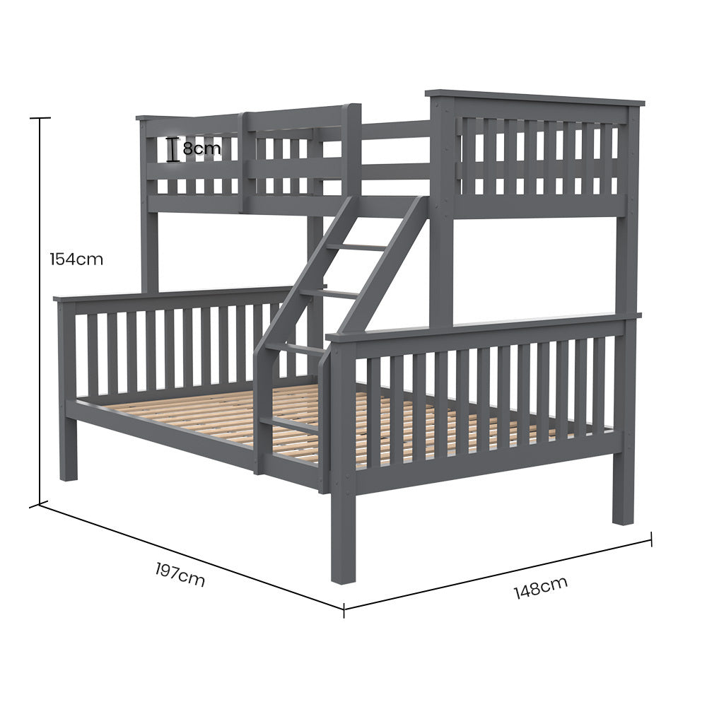 Kingston Slumber Bunk Bed Triple Wooden Single Over Double Beds for Kids, Solid Pine Wood, Convertible Design, Grey-Furniture > Bedroom > Beds &amp; Bed Frames-PEROZ Accessories