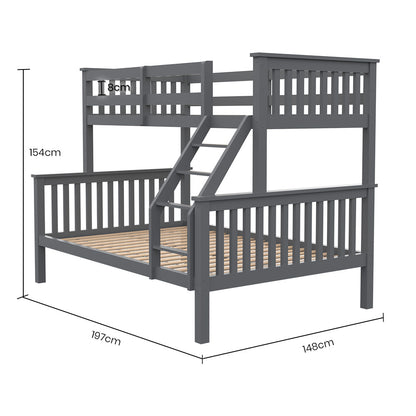 Kingston Slumber Bunk Bed Triple Wooden Single Over Double Beds for Kids, Solid Pine Wood, Convertible Design, Grey-Furniture > Bedroom > Beds &amp; Bed Frames-PEROZ Accessories