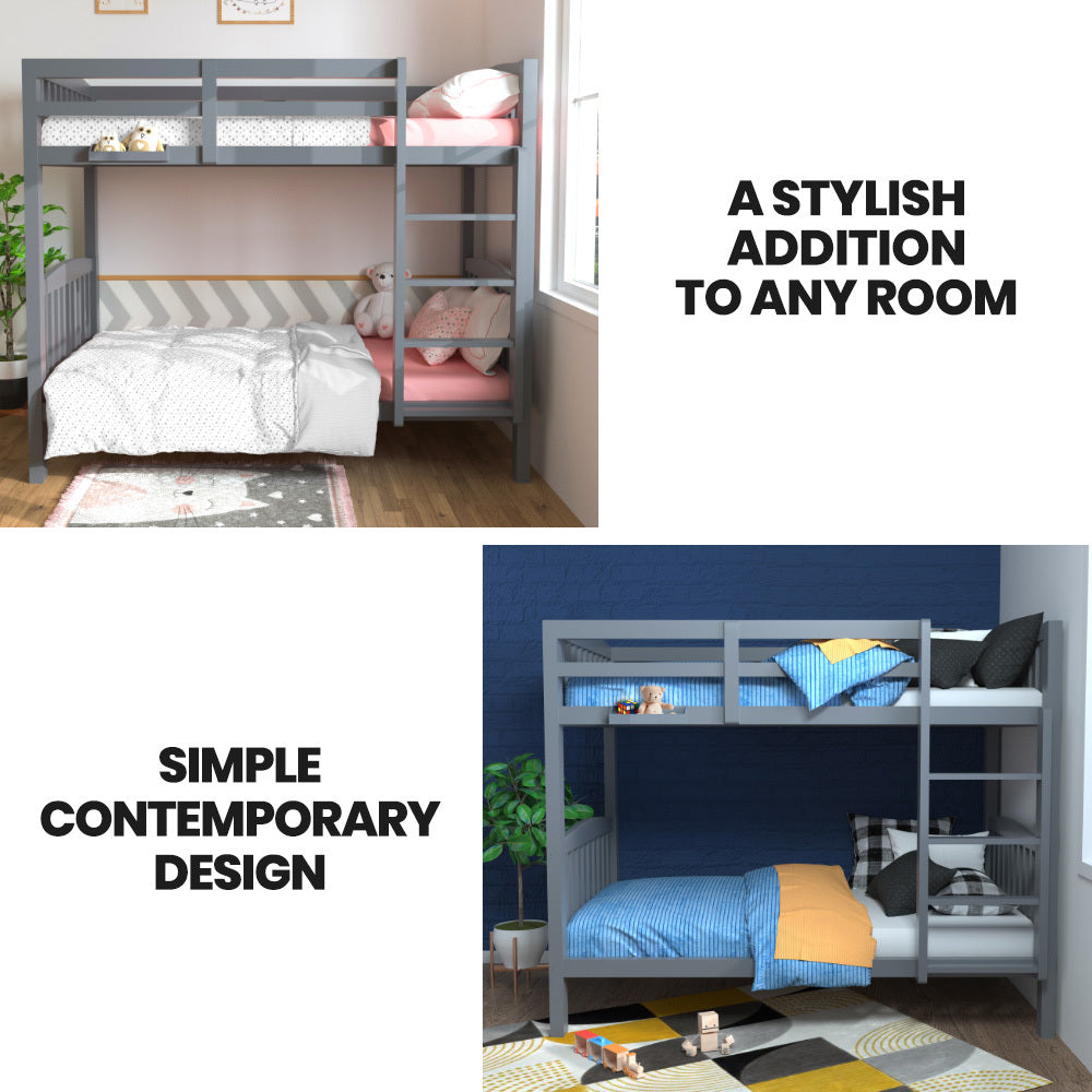 Kingston Slumber Single Bunk Bed Frame Solid Pine Wood Timber, Modular Design, Grey-Furniture > Bedroom > Beds &amp; Bed Frames-PEROZ Accessories