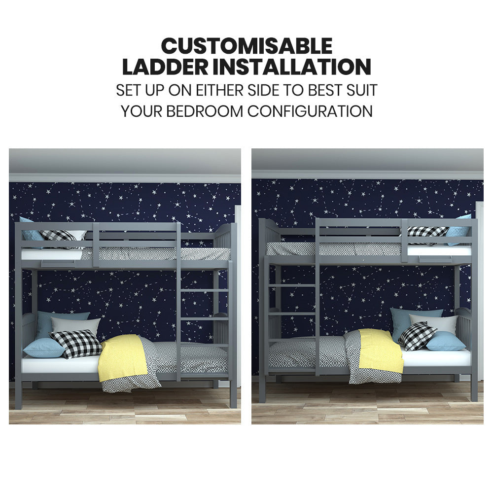 Kingston Slumber Single Bunk Bed Frame Solid Pine Wood Timber, Modular Design, Grey-Furniture > Bedroom > Beds &amp; Bed Frames-PEROZ Accessories