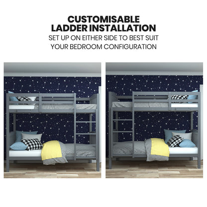 Kingston Slumber Single Bunk Bed Frame Solid Pine Wood Timber, Modular Design, Grey-Furniture > Bedroom > Beds &amp; Bed Frames-PEROZ Accessories
