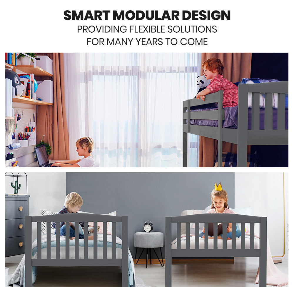 Kingston Slumber Single Bunk Bed Frame Solid Pine Wood Timber, Modular Design, Grey-Furniture > Bedroom > Beds &amp; Bed Frames-PEROZ Accessories