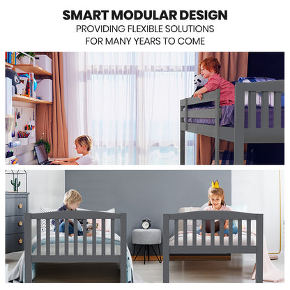 Kingston Slumber Single Bunk Bed Frame Solid Pine Wood Timber, Modular Design, Grey-Furniture > Bedroom > Beds &amp; Bed Frames-PEROZ Accessories