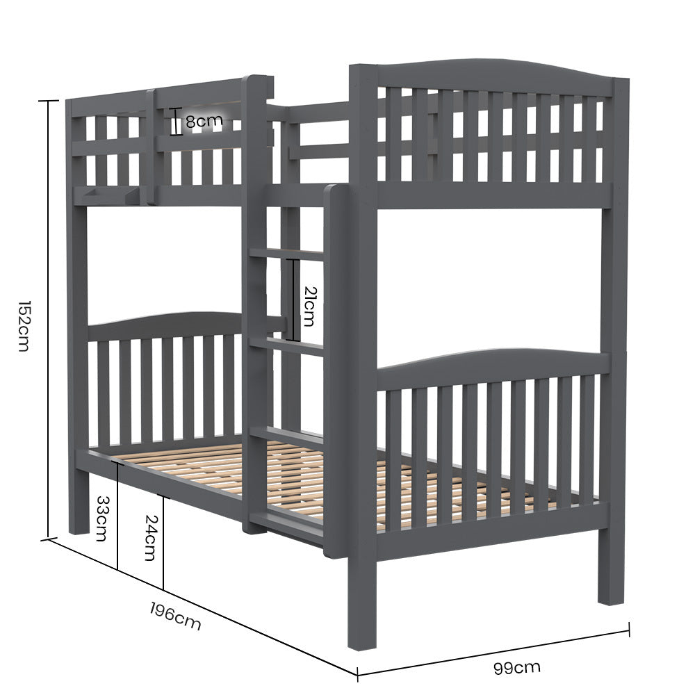 Kingston Slumber Single Bunk Bed Frame Solid Pine Wood Timber, Modular Design, Grey-Furniture > Bedroom > Beds &amp; Bed Frames-PEROZ Accessories